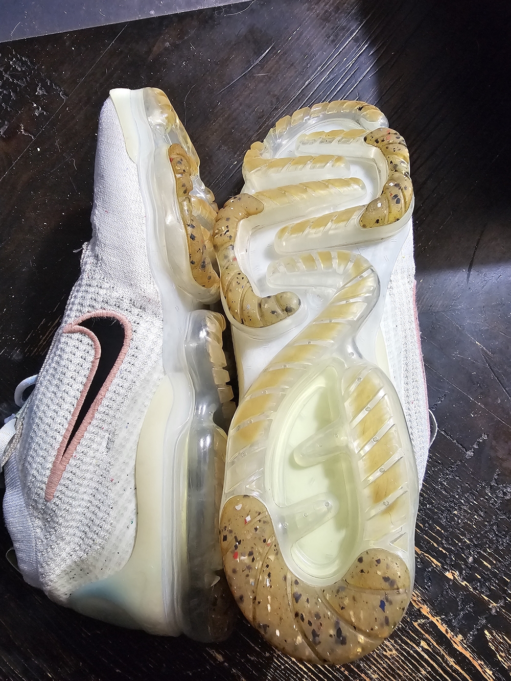 Nike White Flyknit VaporMax Sneakers with Pink and Light Blue Swooshes - Picture 2 of 5